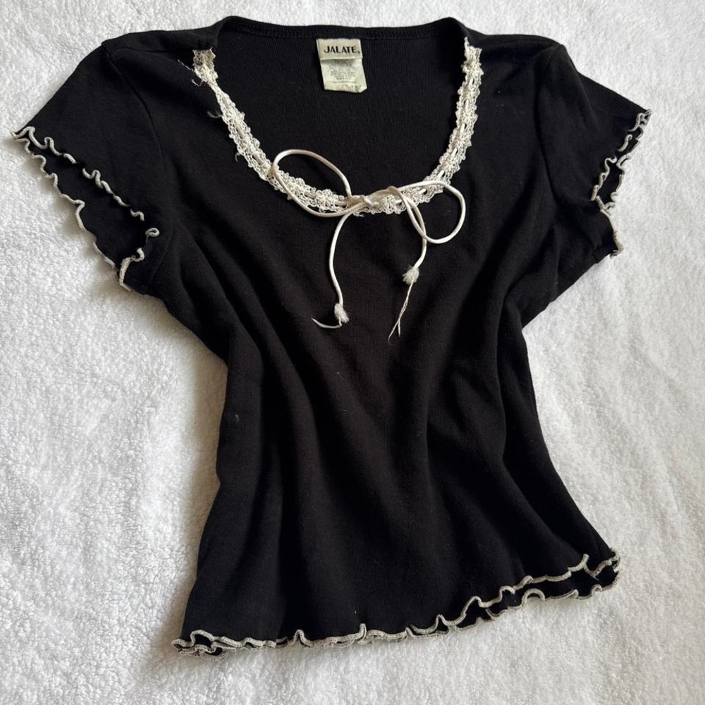 y2k grunge black lace top with white bow detail